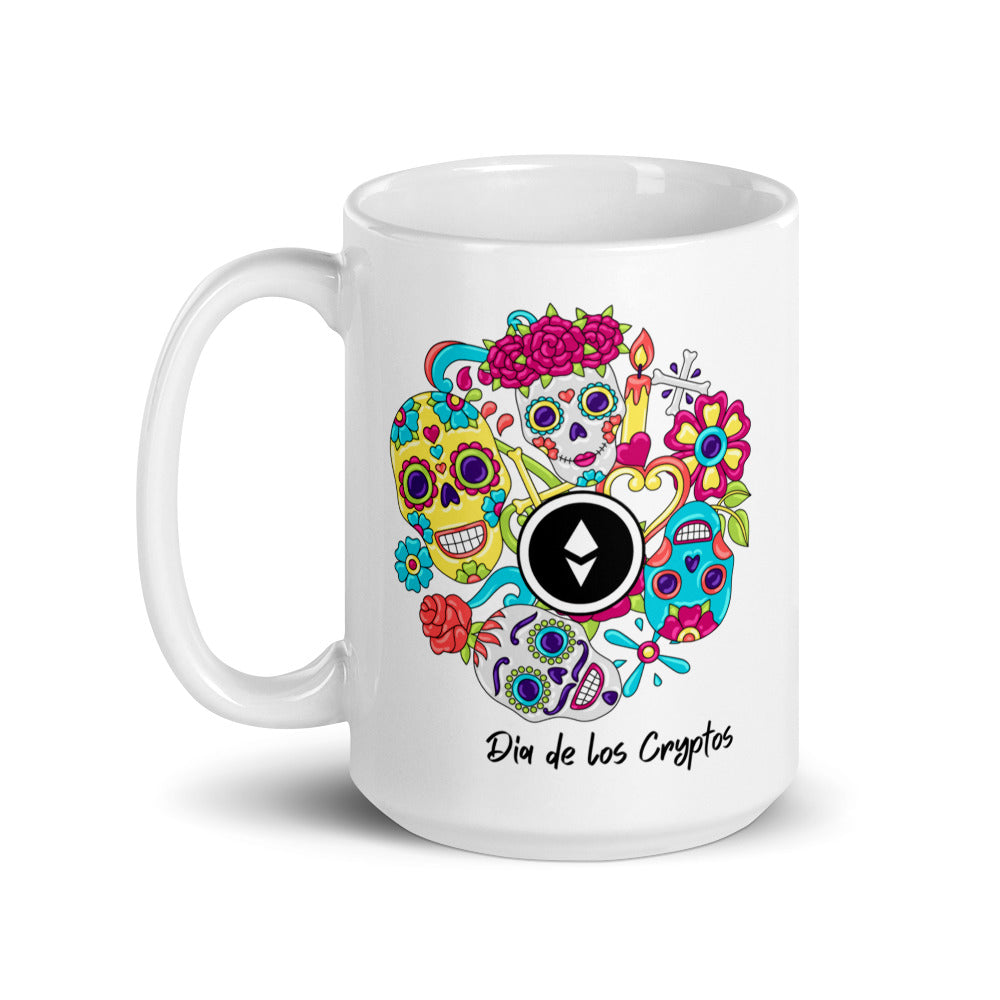 Dia De Los Cryptos (Ethereum) White glossy mug