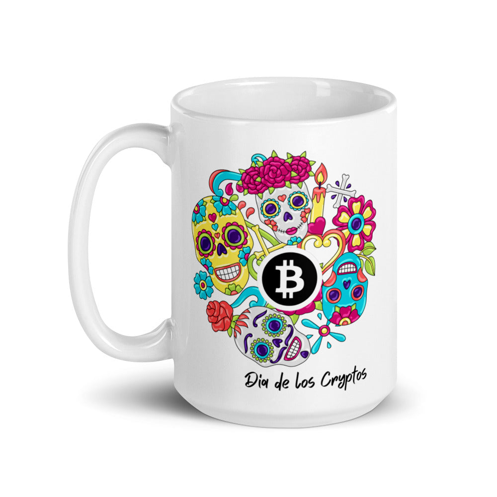 Dia De Los Cryptos (Bitcoin) White glossy mug
