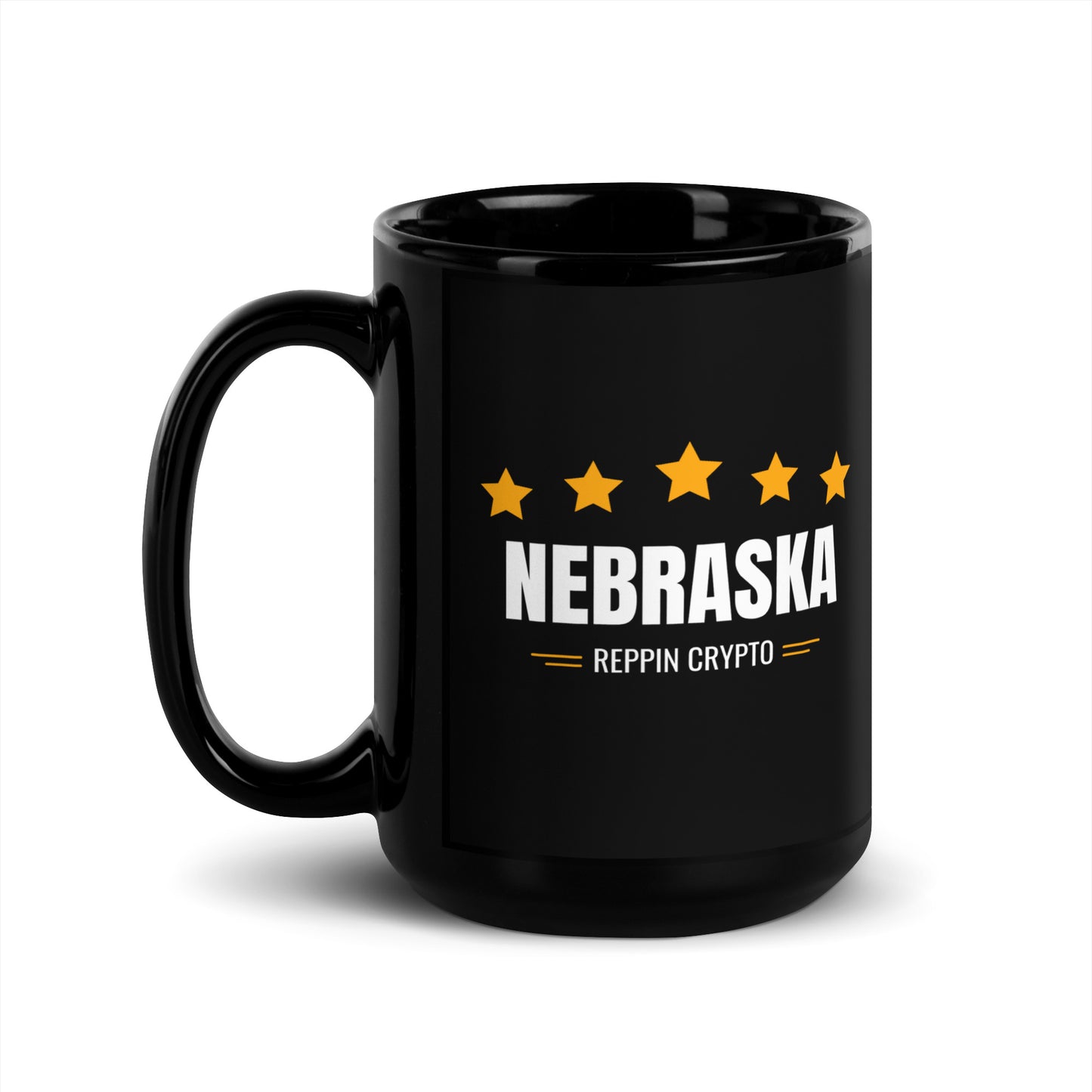 Nebraska Reppin Crypto Black Glossy Mug
