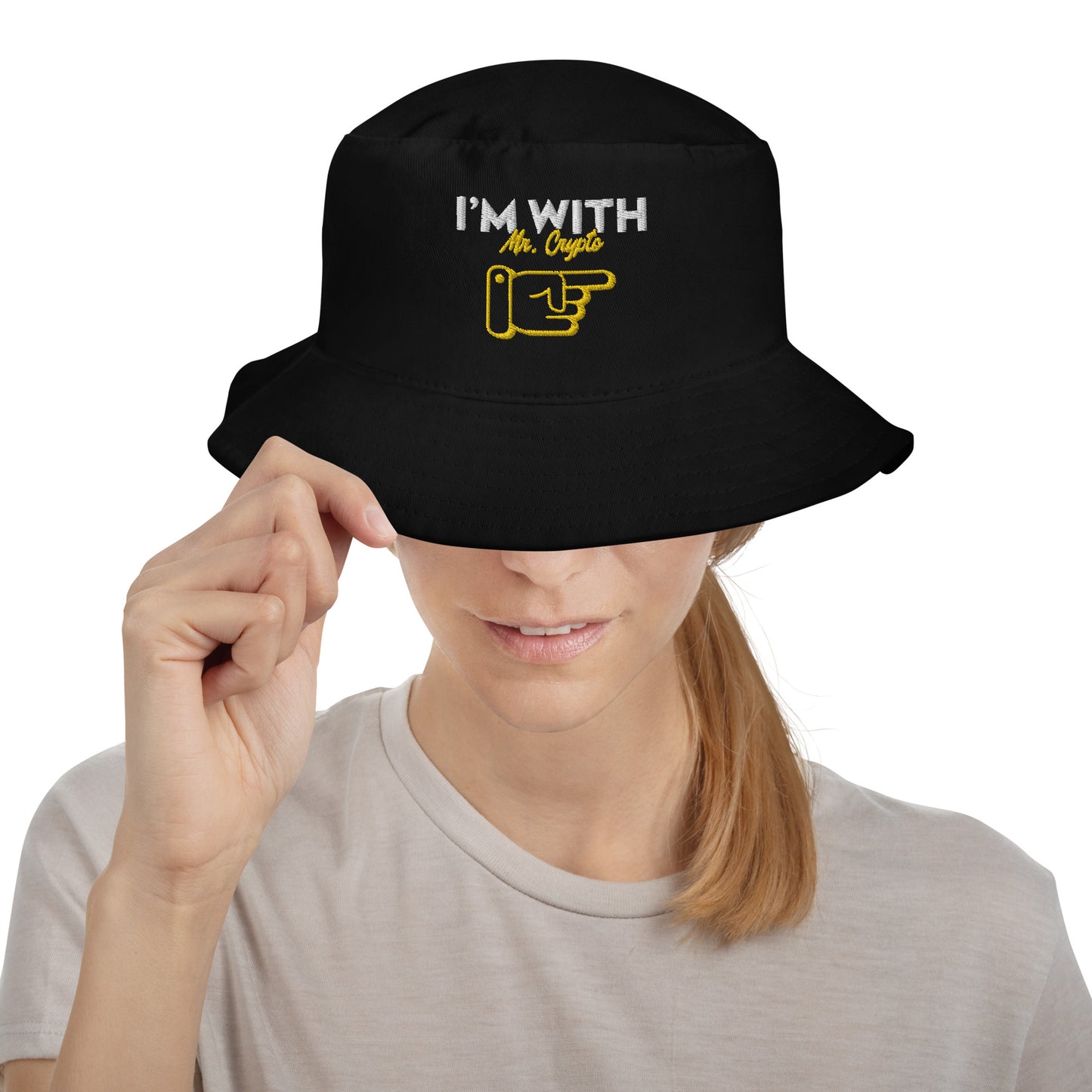 I'm with Mr. Crypto Embroidered Bucket Hat