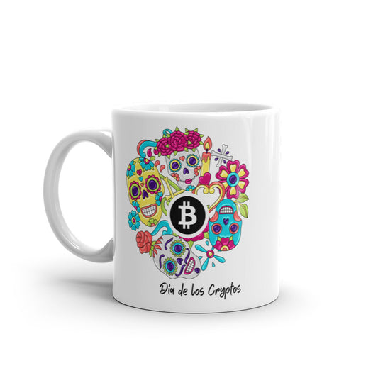 Dia De Los Cryptos (Bitcoin) White glossy mug