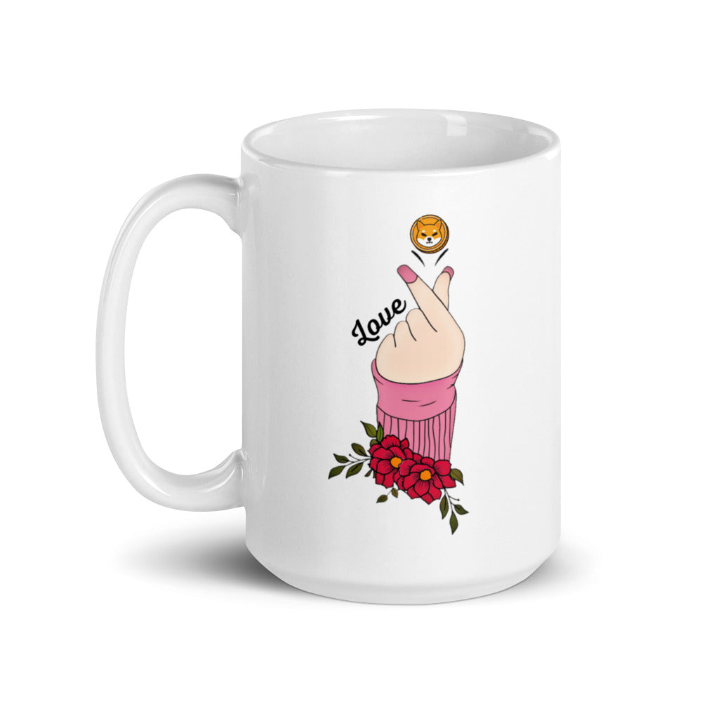 Shiba Inu Finger Heart White glossy mug