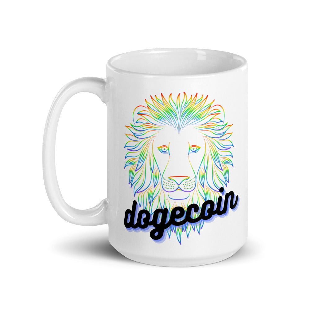 Dogecoin Neon Lion White glossy mug